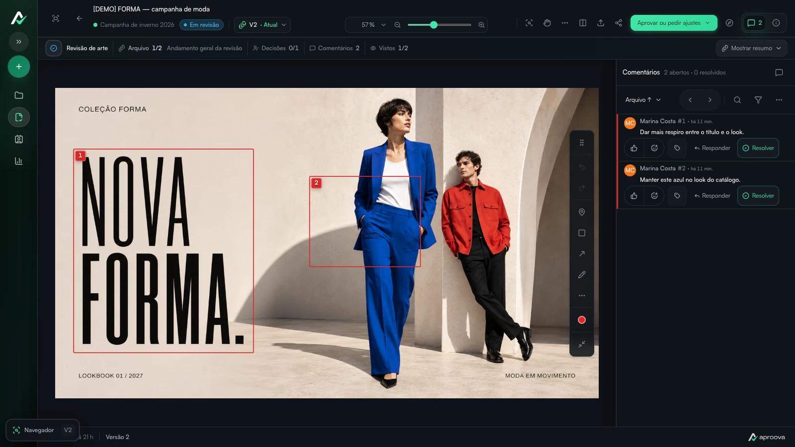 Revisão real no Aproova, com marcações e comentários indicando os ajustes na campanha de moda FORMA