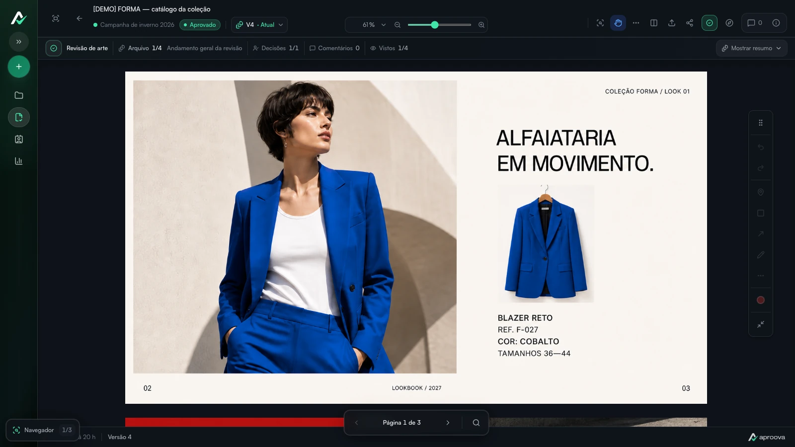 Decisão de aprovação registrada no Aproova, na versão corrigida do catálogo da campanha de moda FORMA