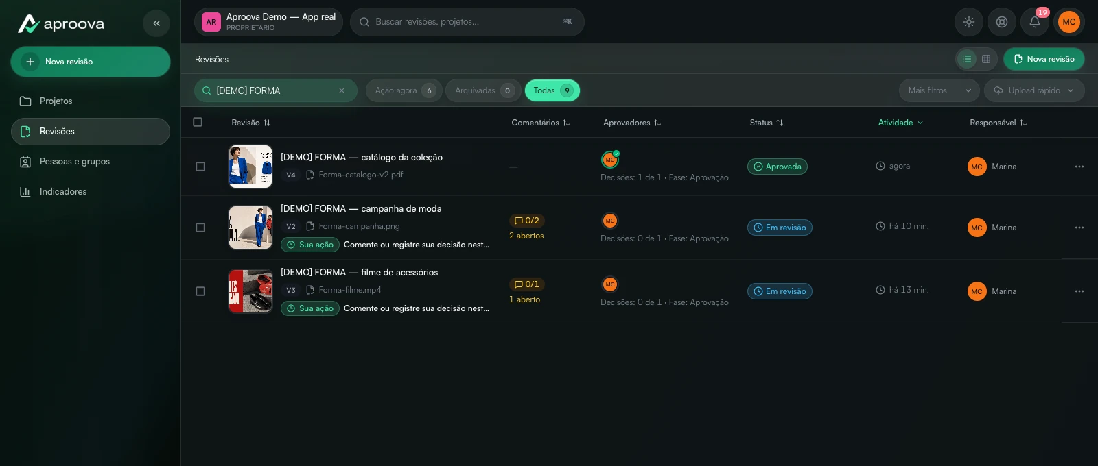 Lista real de revisões do Aproova, com miniaturas de vídeo, PDF e arte, status e responsáveis